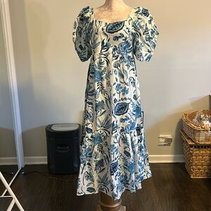 Blue and White Maxi  Sundress with Puff Sleeves and Scoop Neck